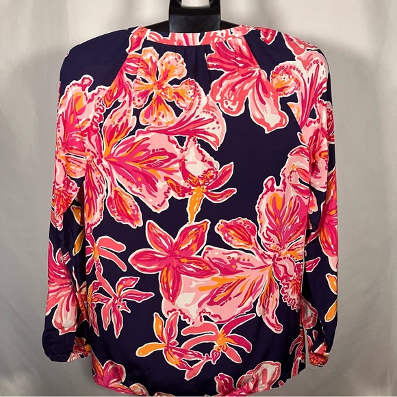 Lily Pulitzer Elsie Silk Bright Navy Pink Floral long sleeve Blouse womens Small - Picture 6 of 7